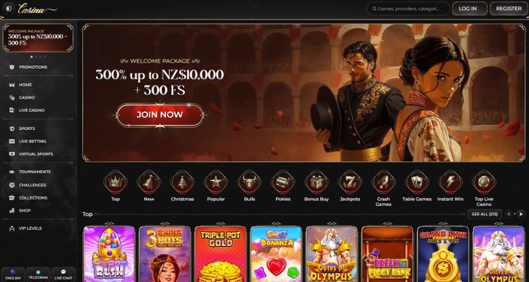 Casina casino homepage, showing its top slots and welcome banner.